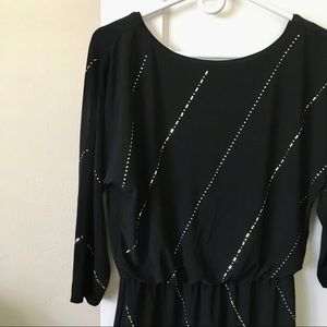 Black Dress Shiny Silver Beads Diagonal Detail Mini Dress